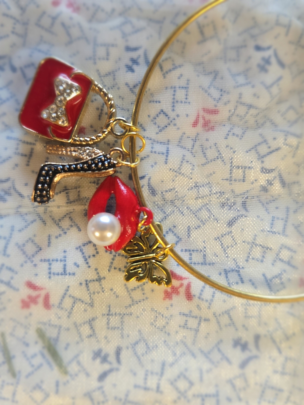 Gold Charm Bangle Bracelet with Red Lip, Pearl & High Heel Charms